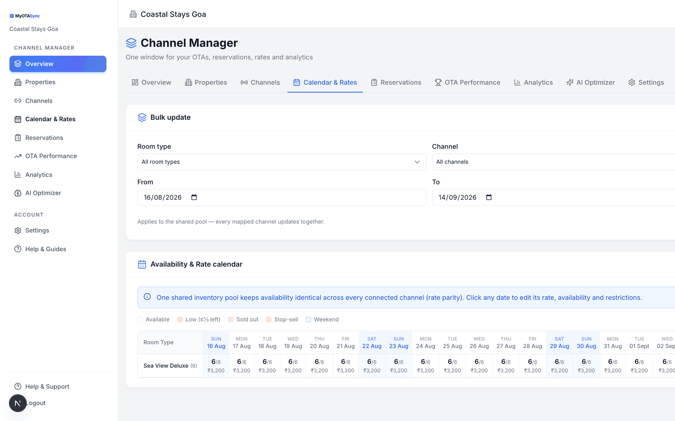 MyOTASync calendar and rates — bulk update across room types and channels above a shared-pool availability and rate calendar