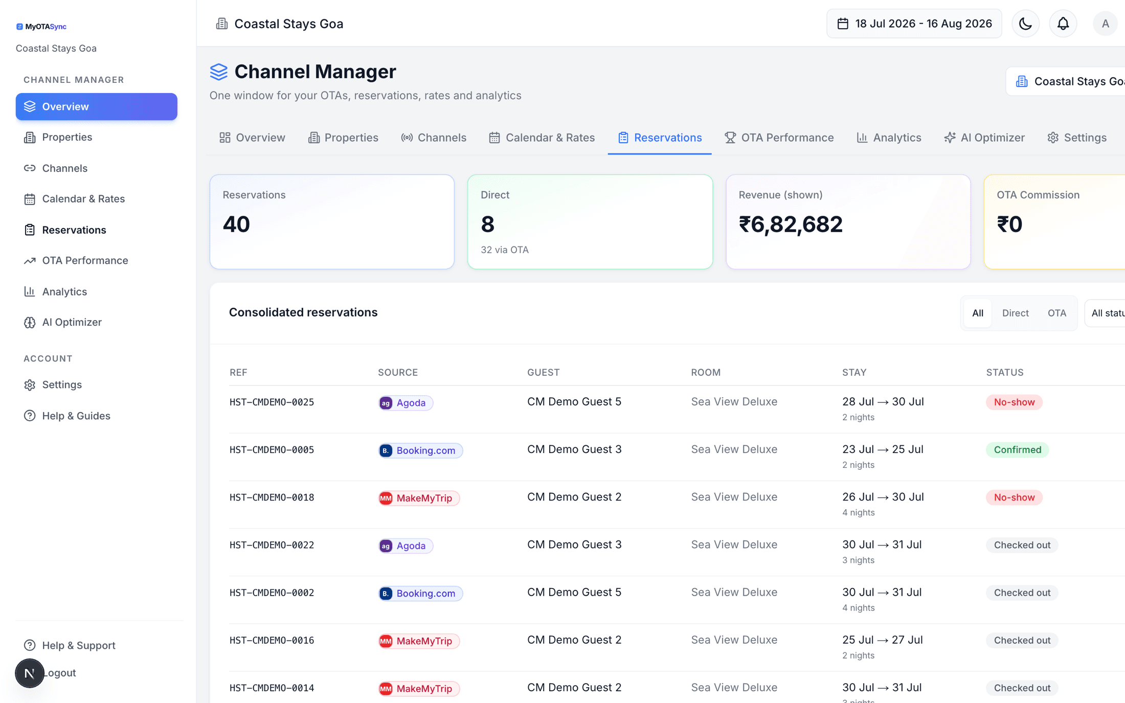 MyOTASync reservations — every booking from every channel in one consolidated feed with source, guest, stay and amount
